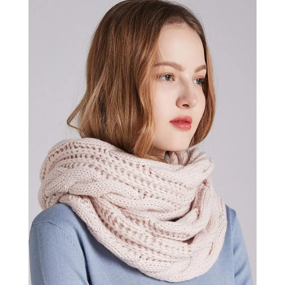 Women's Twist Light Pink Thick Ribbed Knit Winter Infinity Circle Loop Scarf